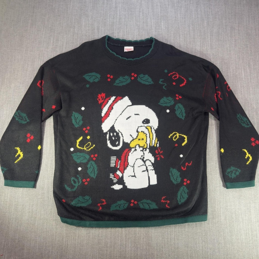 Vintage Snoopy & Friends Sweater Womens XL Black Christmas Woodstock Graphic